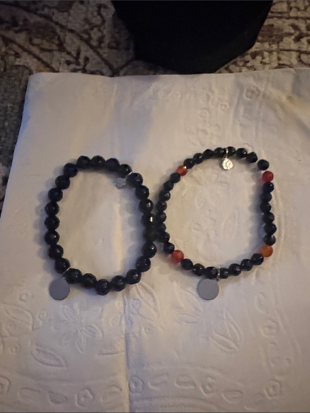 Black Beaded Stretch Bracelets with Red-Orange Accents